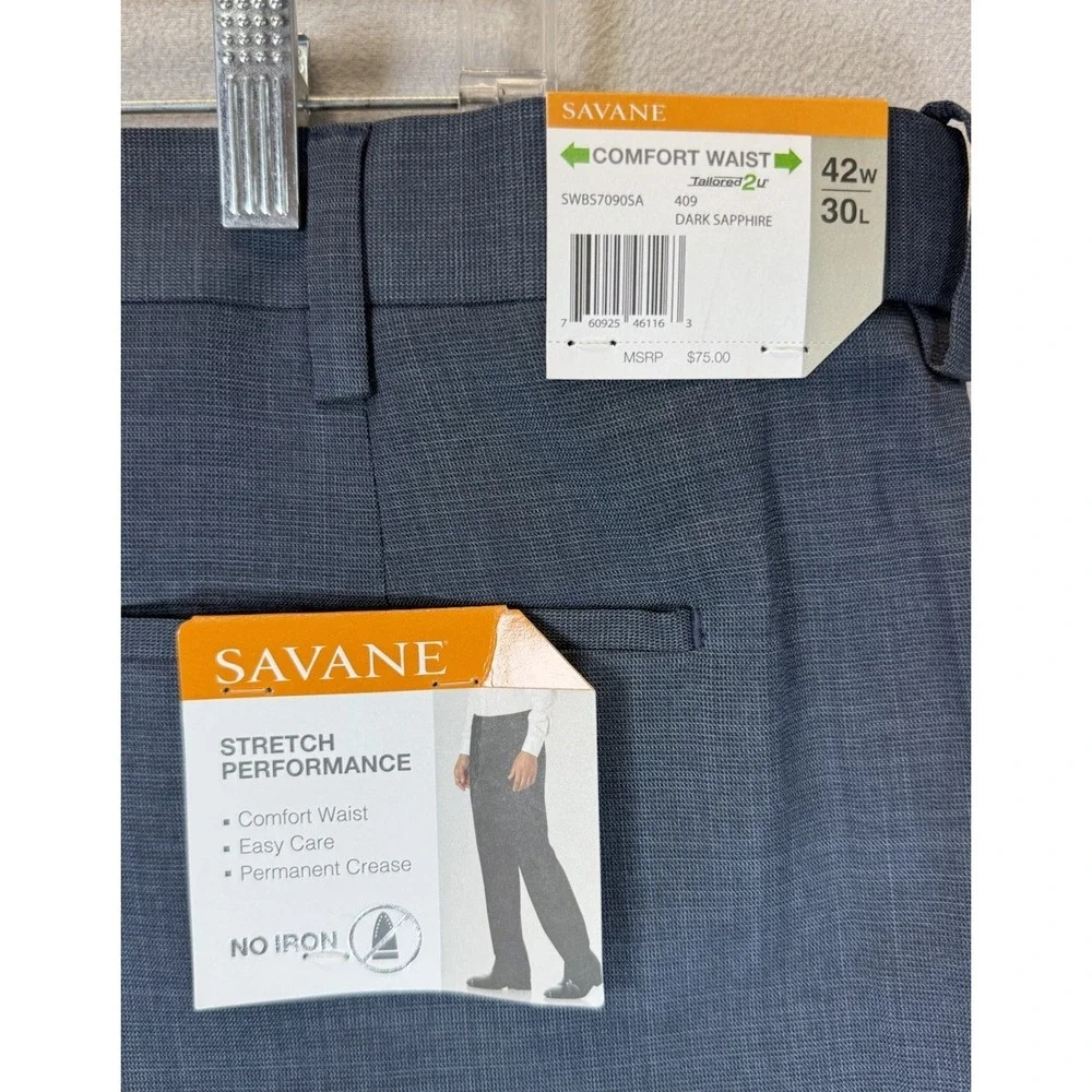 Savane Stretch Performance Men's Sz 42x30 Dark Sapphire No Iron Pants NWT $75‎